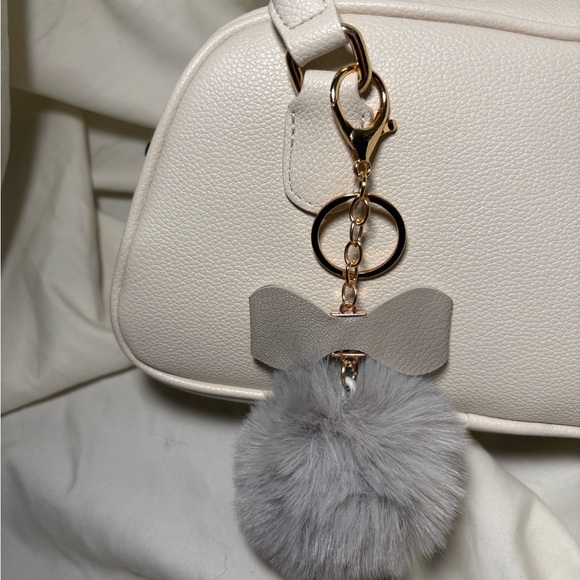 Gray Fluffy Rhinestone Bow Pom Pom Keychain Bag Charm - Picture 2 of 2